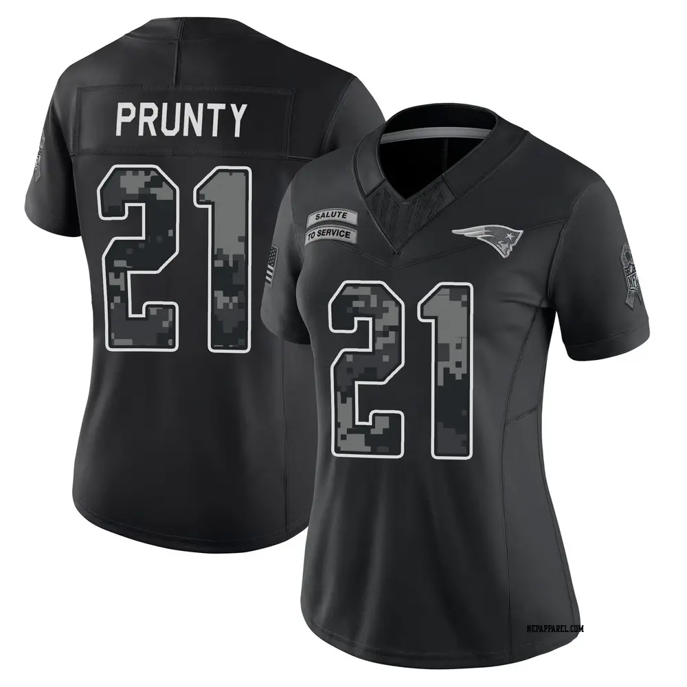 Limited Black Women's Karon Prunty New England Patriots 2026 Salute to Service Stitched Jersey