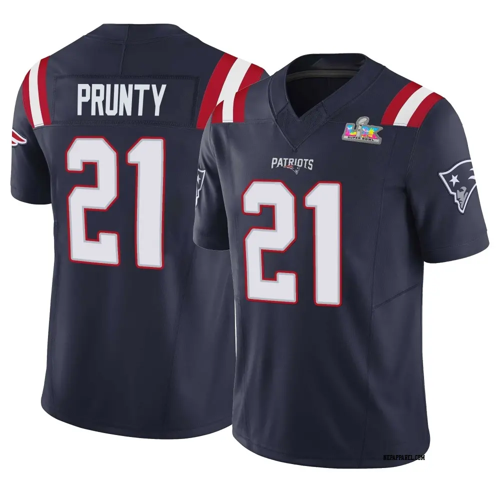 Limited Navy Men's Karon Prunty New England Patriots Vapor F.U.S.E. Super Bowl LX Patch Jersey